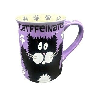 CATFFEINATED & DECATF Purple White Paw Print Ceramic CAT Coffee Tea Mug Cup 16oz
